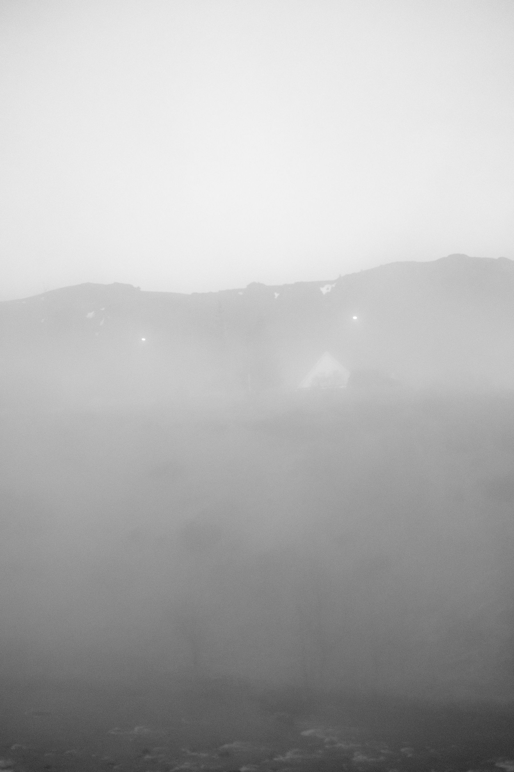 Now we look uphill, towards the mountains and the agricultural school. Both are faded---obscured by the fog.