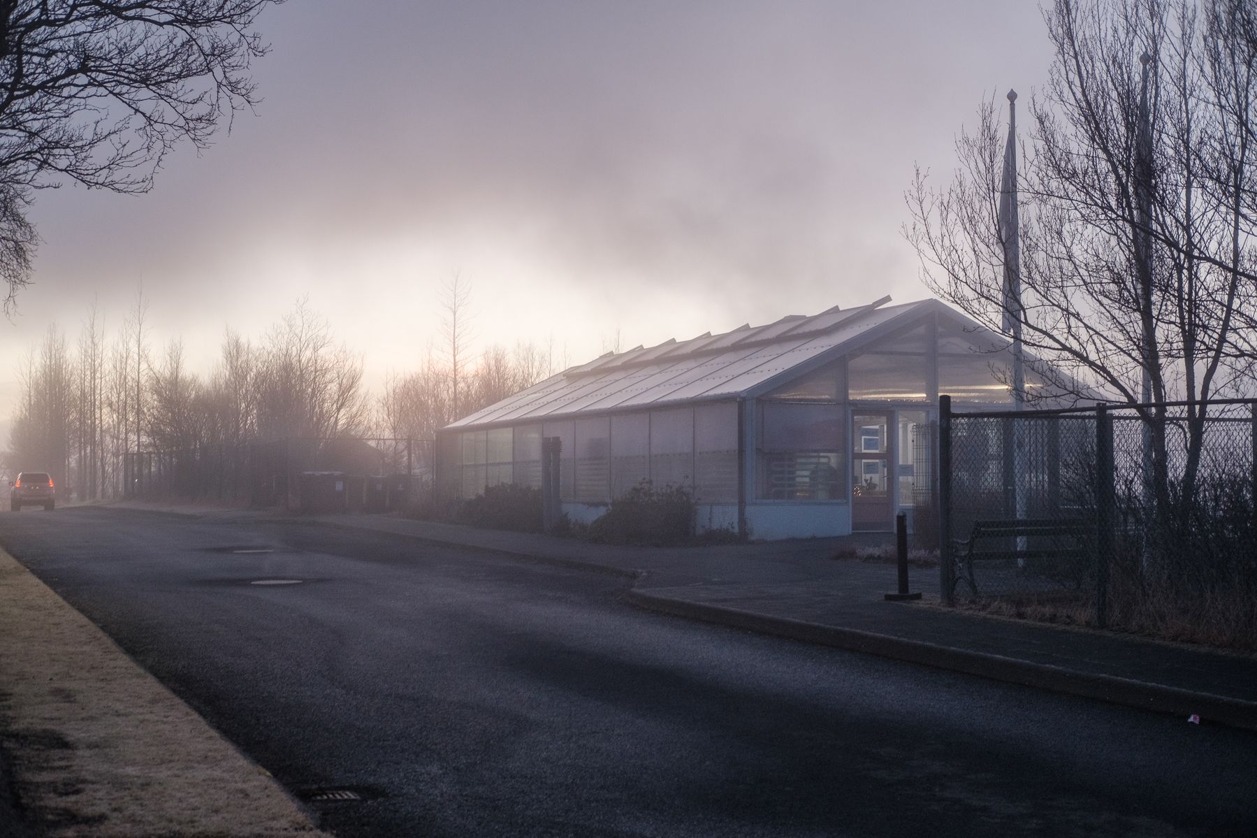 The greenhouse that is the entrance to the Geothermal Park here in Hveragerði, surrounded by a mild haze.