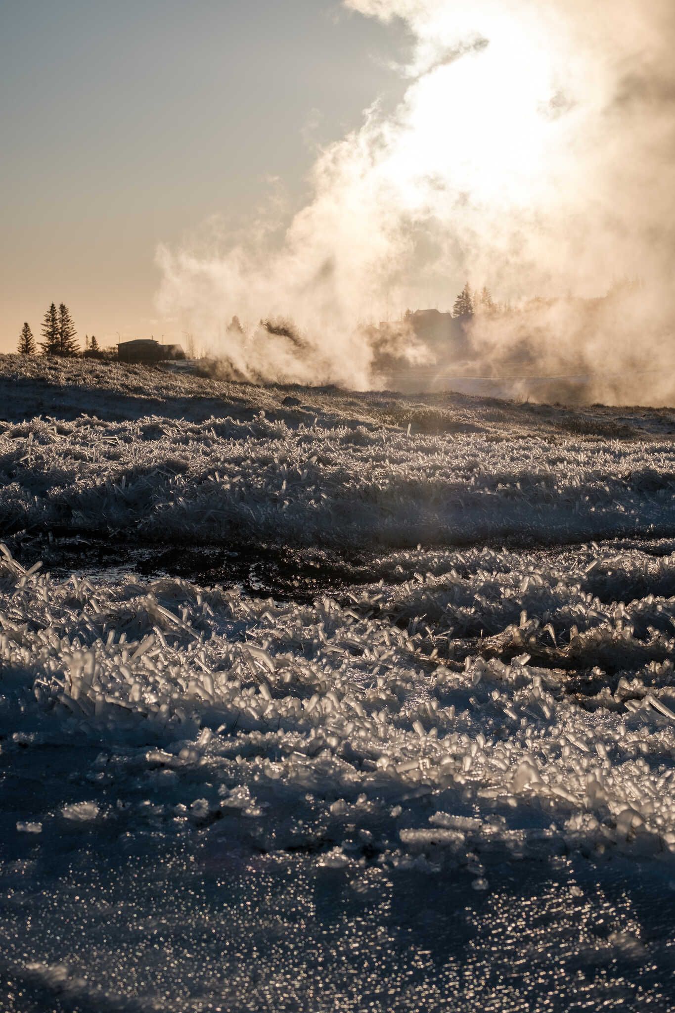 Steam flowing over grass while its freezing leaves a field of frozen grass. It looks like growing crystal