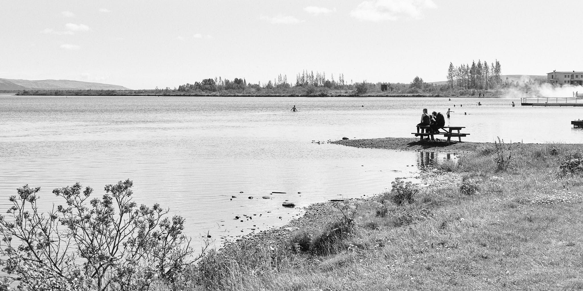 It's summer by Laugarvatn and the lake is full of swimmers