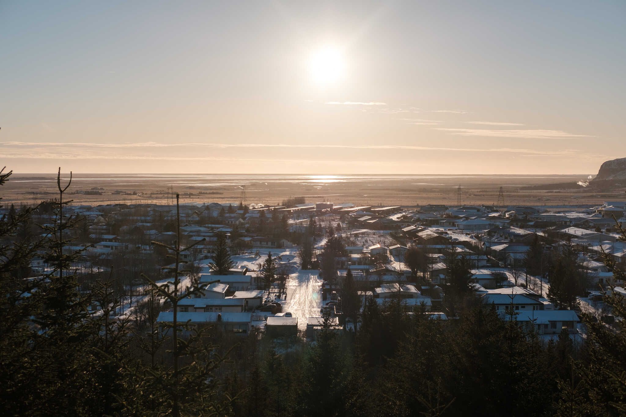 Hveragerði under the midwinter sun. Trees below. Then the town