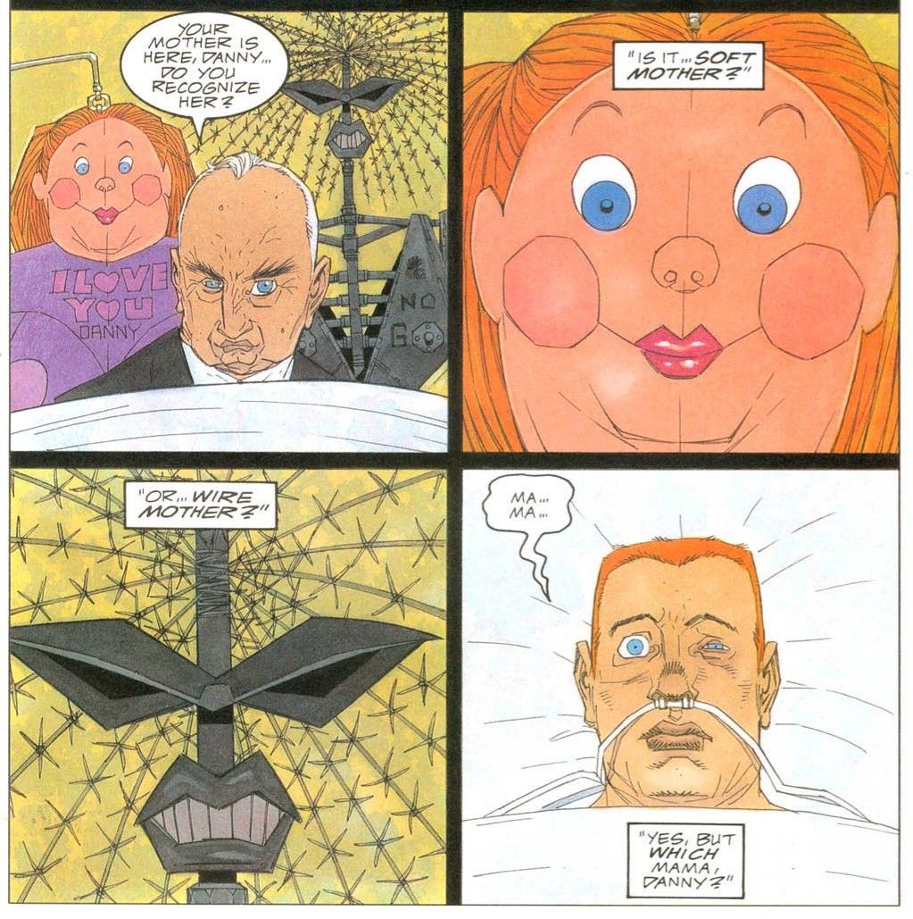 A page from the graphic novel Marshal Law, presenting a character with the option of 'Soft Mother' or 'Wire Mother'