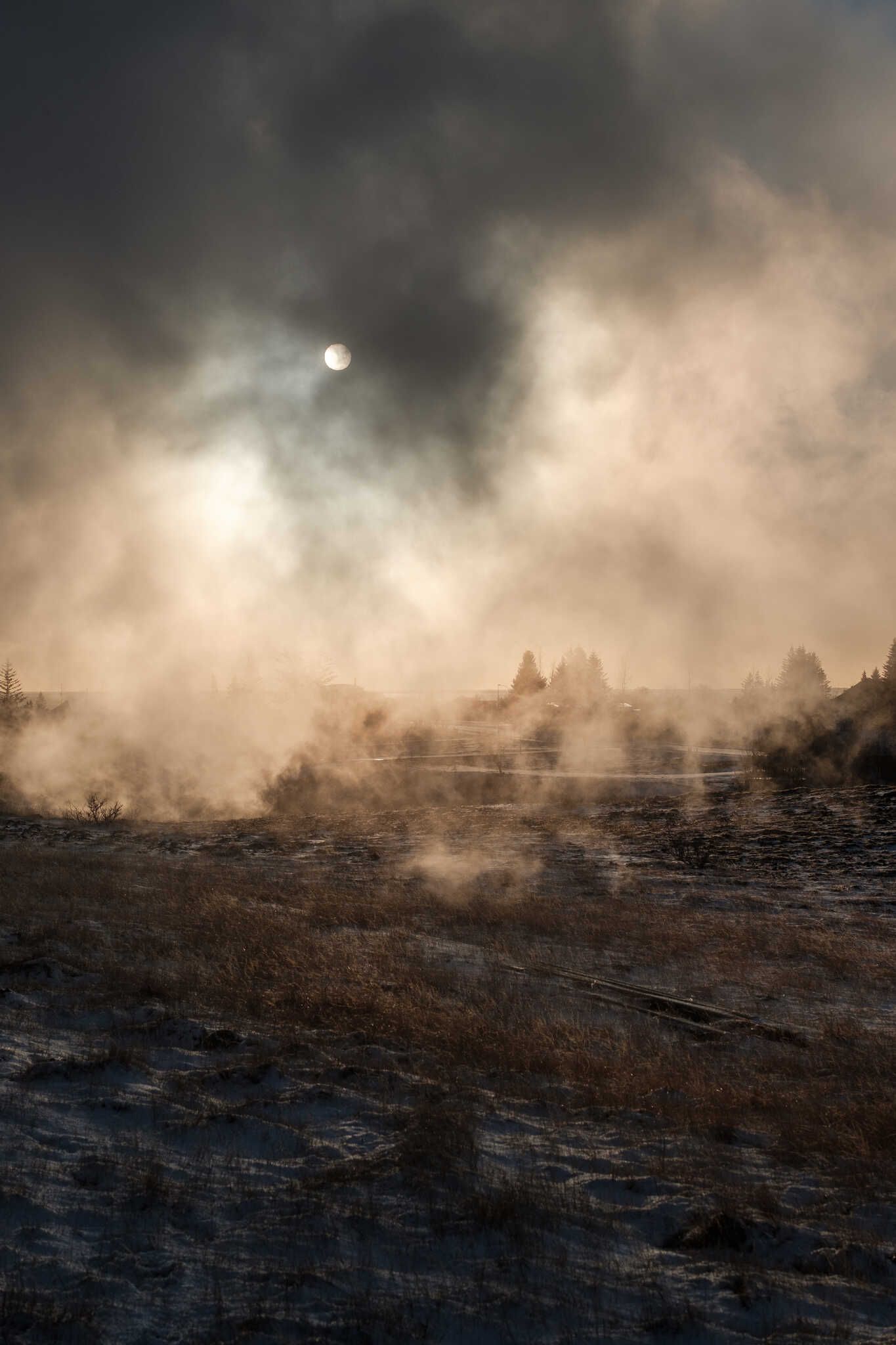 Geothermal steam blocks the sun and frost covers the grass